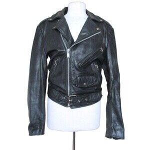 Vintage Open Road Leather Moto Jacket 34 Women Black Leather Zipper Pockets Belt